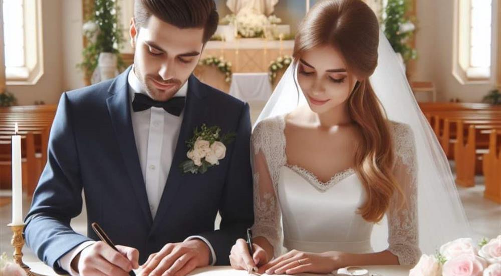 sposi firmano i documenti all'altare