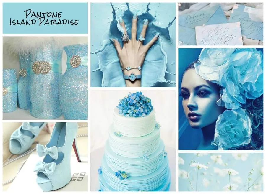 Il colore Pantone island paradise con vari esempi per il tuo matrimonio: una torta nuziale, unghie, scarpe, decorazioni varie.
