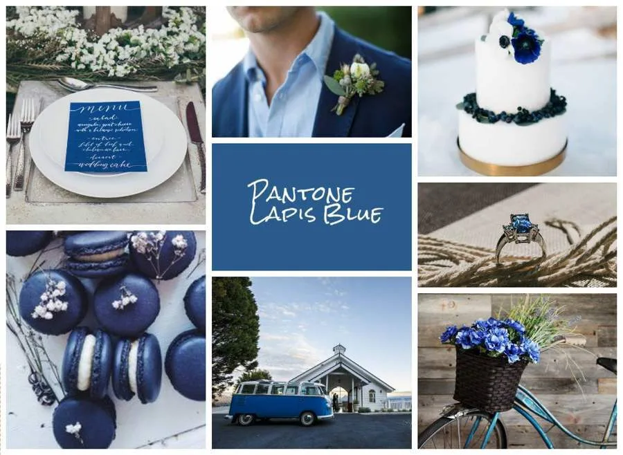 Il colore Pantone Lapis Blue per il matrimonio con vari esempi: macaron, bicicletta, torta nuziale, van volkswagen.