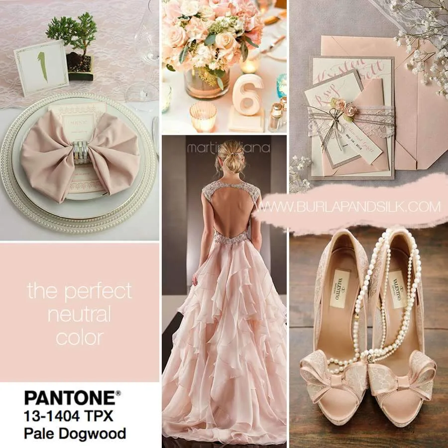 Il colore pantone 13-1404 Pale Dogwood per un matrimonio con vari esempi di questo colore: un tovagliolo, un abito da sposa, scarpe, decorazioni per la tavola.
