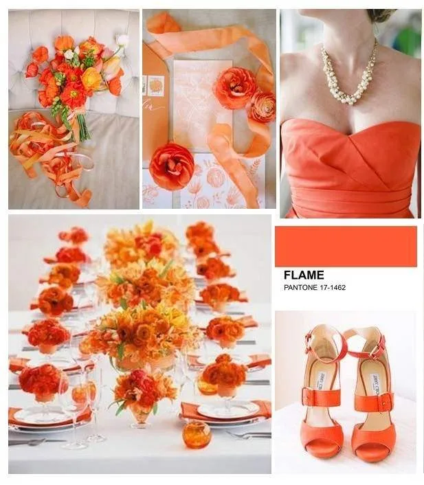 Il colore Flame pantone 17-1462 per un matrimonio con vari esempi: scarpe, abito, decorazioni per la tavola, partecipazioni.