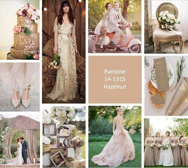 Il colore pantone 14-1315 hazelnut per un matrimonio con vari dettagli di questo colore: una torta, un abito da sposa, una sedia, scarpe e decorazioni.